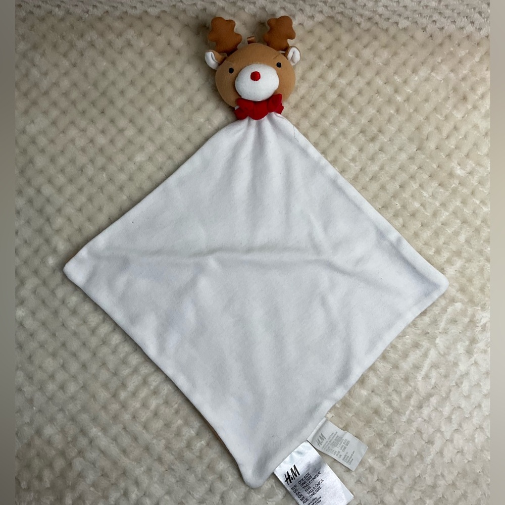 H&M White Tan Red Plush Reindeer Plush Lovey Take Along Security Style Blanket